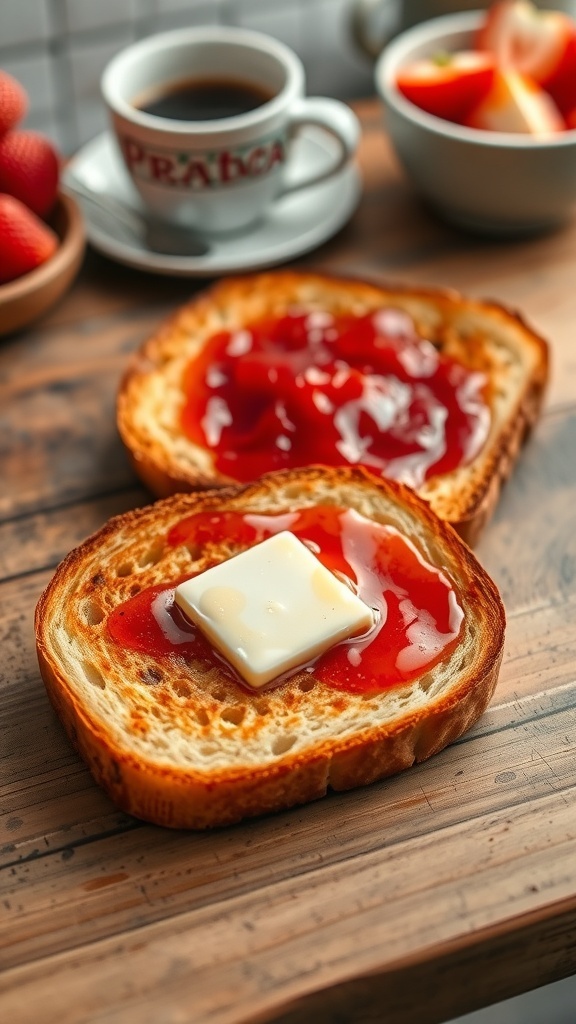 Classic Toasted Bread Recipe Two slices of toasted bread with butter and jam on a wooden table.